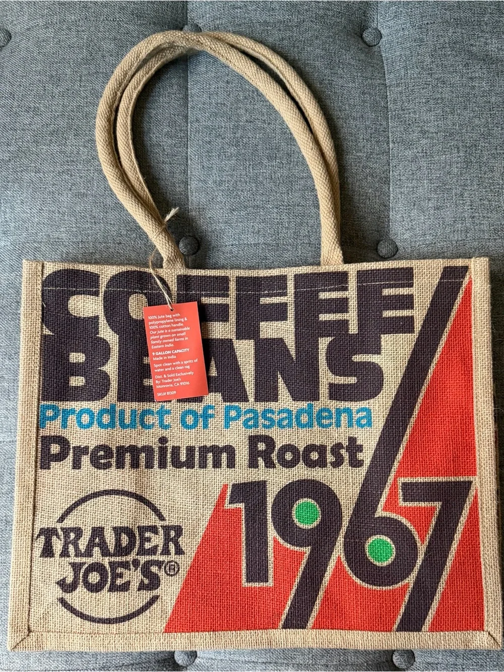 1967 Coffee Beans Jute Tote Bag - Natural with Red/Green/Black Print